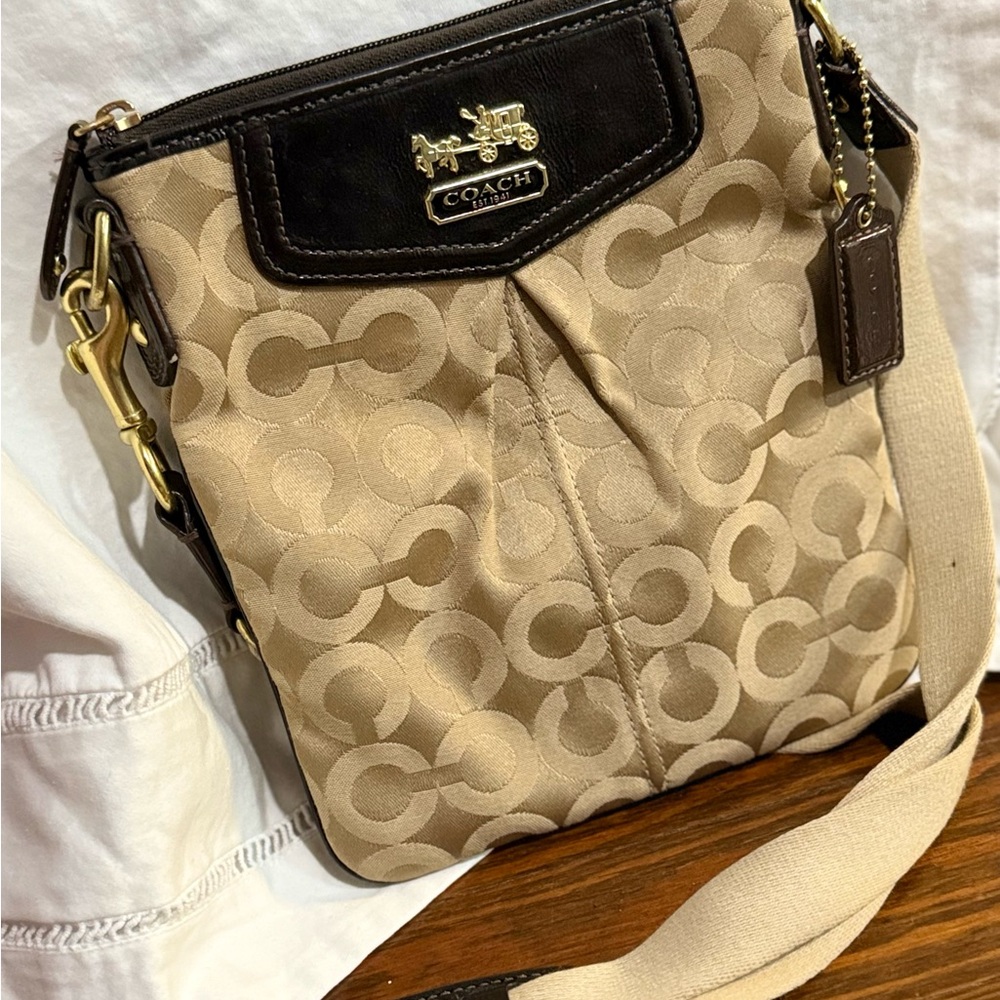 Coach Madison Swing Pack Tan and Black Crossbody Bag with Signature Design